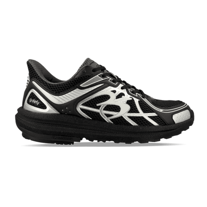 Black running shoe with silver accents, mesh upper, and a chunky textured sole, featuring a large silver logo on the side.