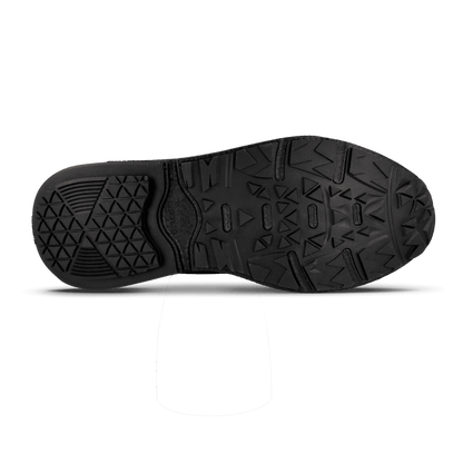 Black shoe sole with durable textured rubber, featuring intricate geometric patterns and deep multi-directional treads.
