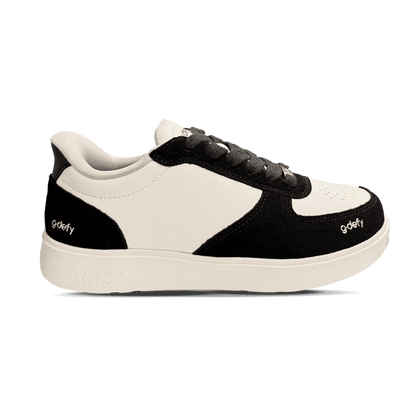Women's g-defy sneakers with black suede and off-white leather, featuring a thick VersoShock Carbon sole.