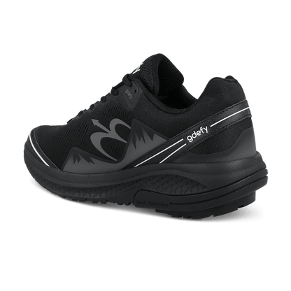 Black running shoe with mesh upper, white stripes, and "gdefy" logo, shown from a back angle. Thick shock absorption sole.