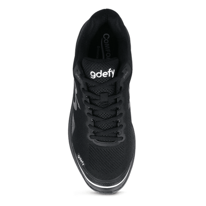 Black gdefy running shoe, top-down view, with black laces and white branding on the tongue and side.