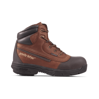 Brown leather work boot with dark brown accents, a black rubber toe cap, and a "waterproof" label. Features a sturdy black so