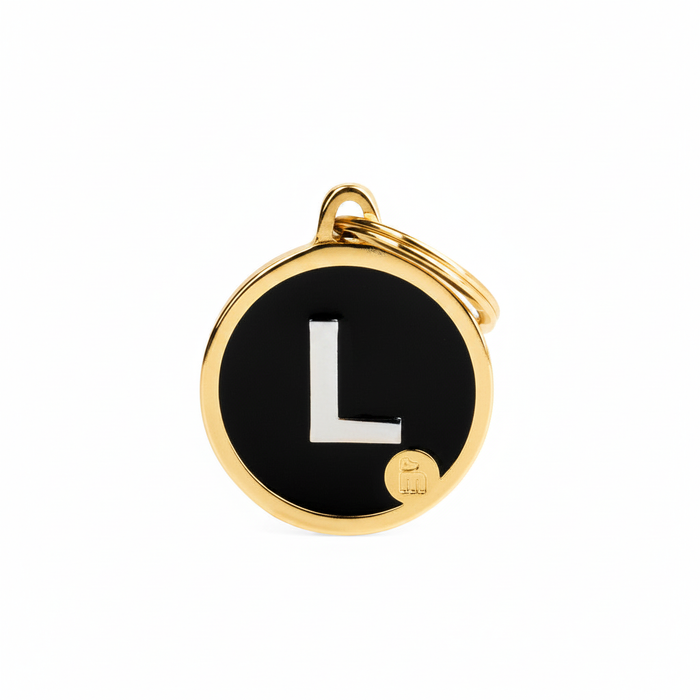 MyFamily Initial Letter L Gold Circle Dog ID Tag - black enamel face with gold metal rim