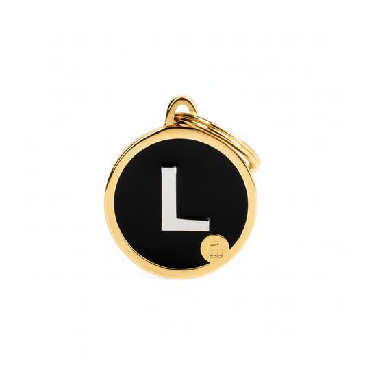 MyFamily Initial Letter L Gold Circle Dog ID Tag - black enamel face with gold metal rim
