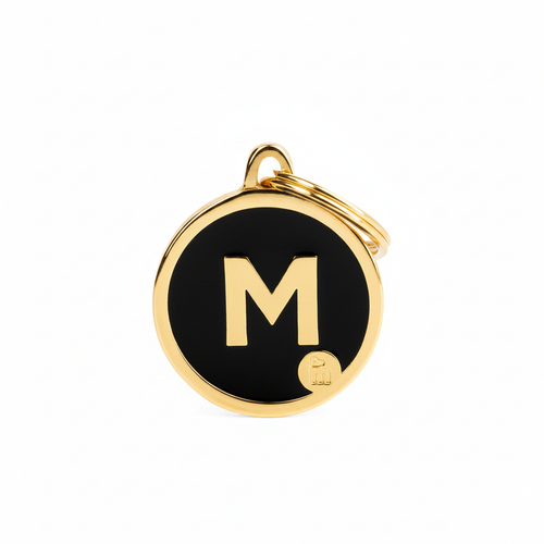 MyFamily Initial Letter M Gold Circle Dog ID Tag - black enamel face with gold metal rim