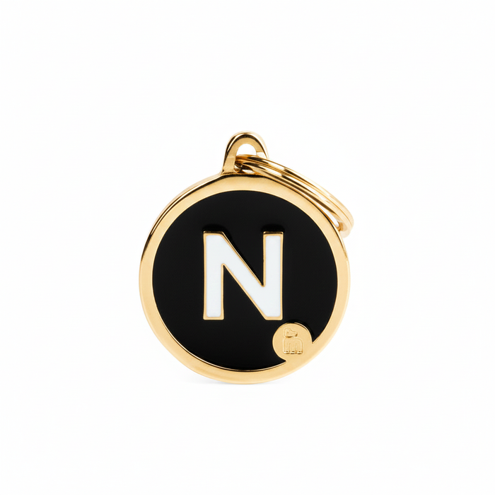 MyFamily Initial Letter N Gold Circle Dog ID Tag - black enamel face with gold metal rim