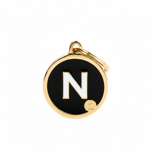 MyFamily Initial Letter N Gold Circle Dog ID Tag - black enamel face with gold metal rim