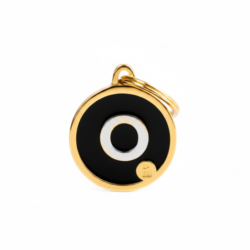 MyFamily Initial Letter O Gold Circle Dog ID Tag - black enamel face with gold metal rim