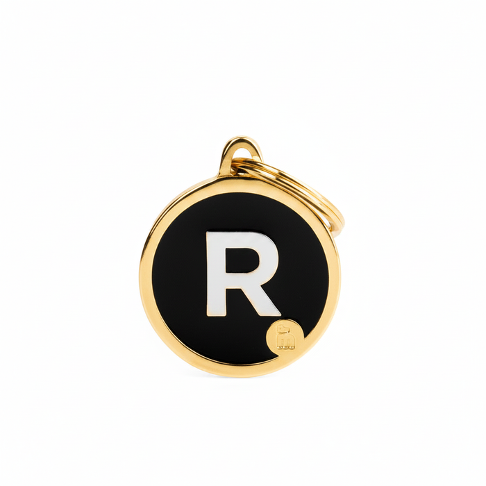 MyFamily Initial Letter R Gold Circle Dog ID Tag - black enamel face with gold metal rim