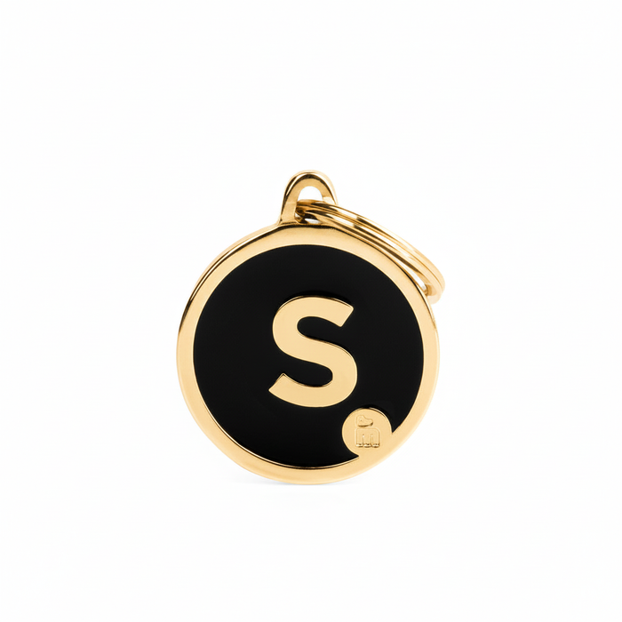 MyFamily Initial Letter S Gold Circle Dog ID Tag - black enamel face with gold metal rim