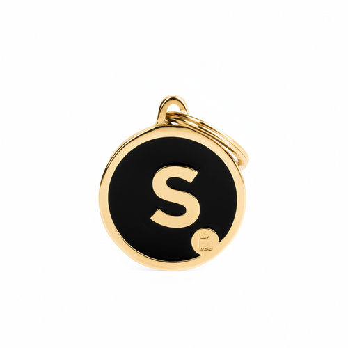 MyFamily Initial Letter S Gold Circle Dog ID Tag - black enamel face with gold metal rim