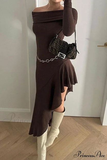 Off Shoulder Ruffle Hem Knit Dress