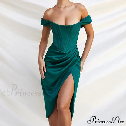 Off Shoulder Split Corset Midi Dress