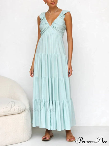 Ruffled Flying Sleeves Smocked Graceful Back Tiered Vacation Maxi Dress