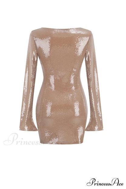 Sequins V Neck Flares Sleeve Pack Hip Dress