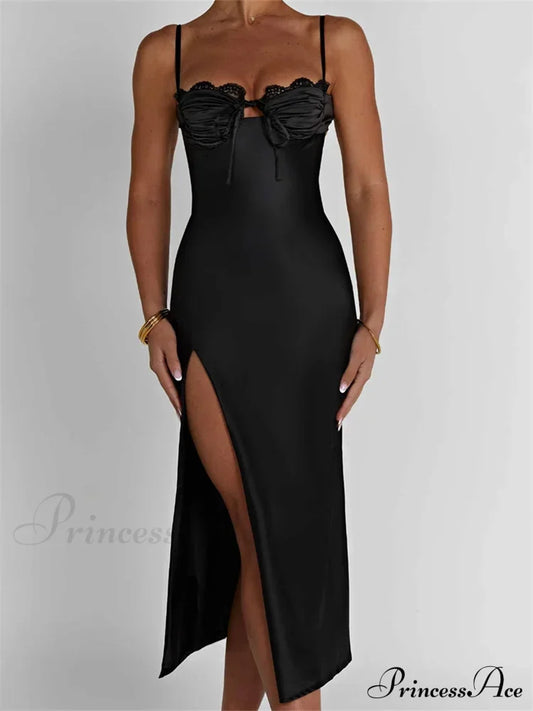 Sexy Women Ruched Lace Low Cut Sleeveless Spaghetti Strap High Split Evening Front Tie-up Vestidos