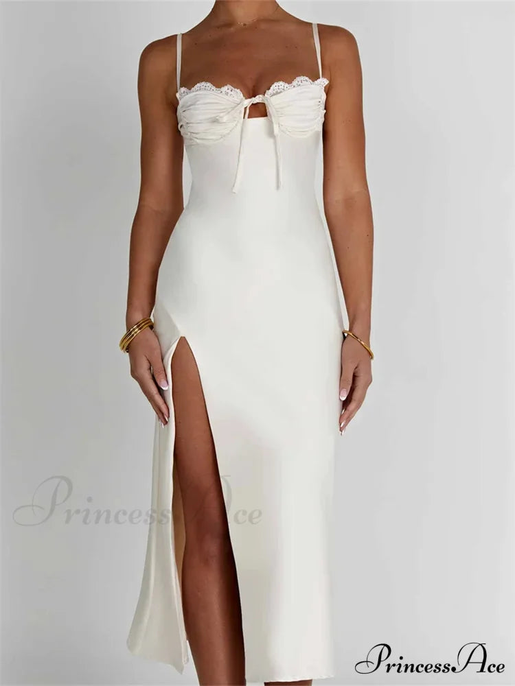 Sexy Women Ruched Lace Low Cut Sleeveless Spaghetti Strap High Split Evening Front Tie-up Vestidos