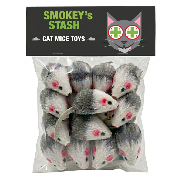 Smokey's Stash - Smokey's Stash Gray & White Faux Fur Cat Mice Toy 12 Pack