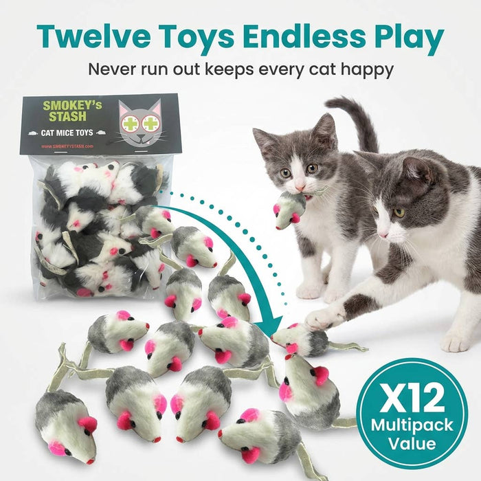 Smokey's Stash - Smokey's Stash Gray & White Faux Fur Cat Mice Toy 12 Pack