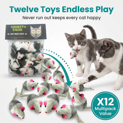 Smokey's Stash - Smokey's Stash Gray & White Faux Fur Cat Mice Toy 12 Pack