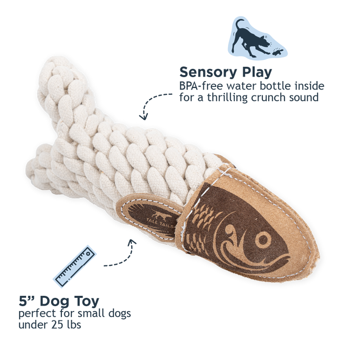 Tall Tails - Natural Leather Crunch Fish Rope Dog Toy - Dog.Dog.Cat.
