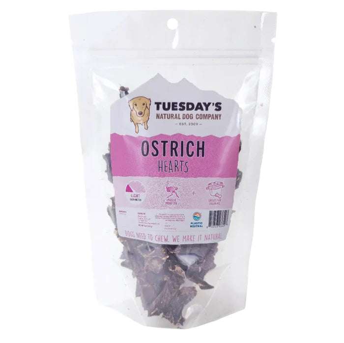 Tuesday's Natural Dog Company Ostrich Hearts - Single-Ingredient Dog Treat - 4 oz - Dog.Dog.Cat.