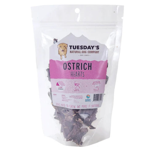 Tuesday's Natural Dog Company Ostrich Hearts - Single-Ingredient Dog Treat - 4 oz - Dog.Dog.Cat.
