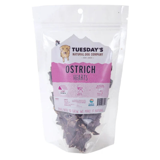 Tuesday's Natural Dog Company Ostrich Hearts - Single-Ingredient Dog Treat - 4 oz - Dog.Dog.Cat.