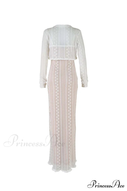 V Neck Lace Two-Piece Dress with Slit