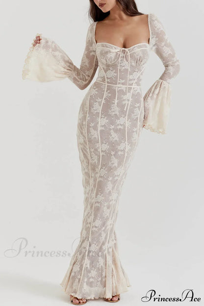 Vintage Cream Stylish Lace Maxi Dress