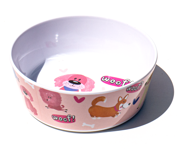 Whimsy Dogs Melamine Dog Bowl — Pink