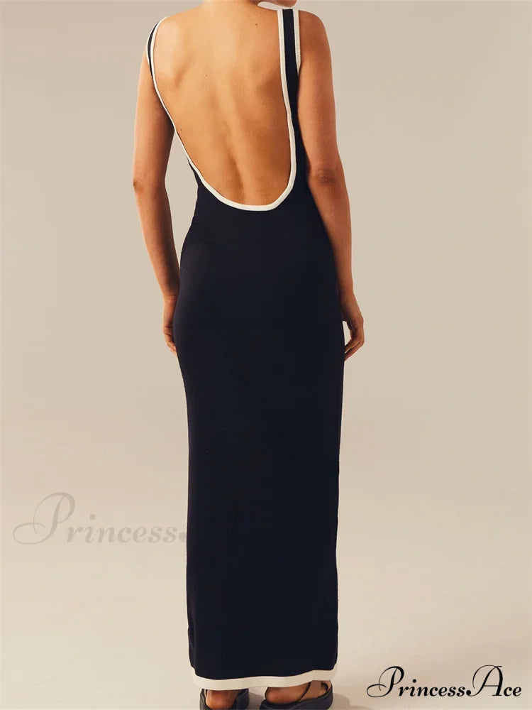 Women Knitted Tank Summer Contrast Color Hollow Out Backless Party Cocktail Beach Club Vestido Streetwear
