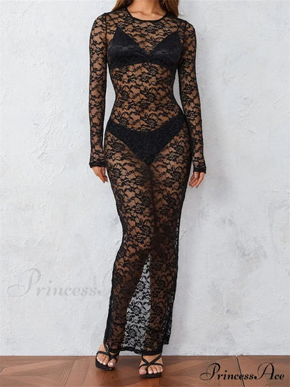 Women Lace Floral See Through Vintage Sleeve Round Neck Solid Back Split Party Female Vestidos