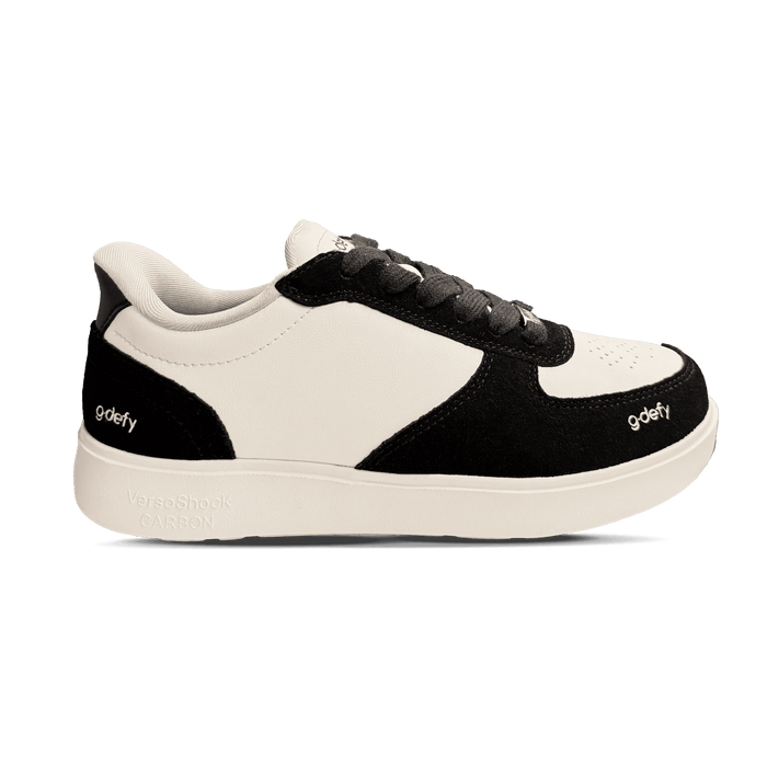 Women's g-defy sneakers with black suede and off-white leather, featuring a thick VersoShock Carbon sole.