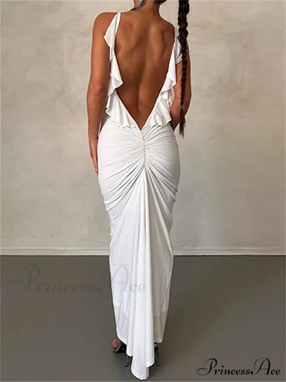 Women Sexy Spaghetti Strap Backless Bodycon V-neck Ruffles Ruched Party Evening Clubwear Vestidos